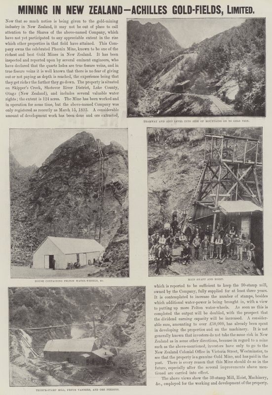 विज्ञापन, न्यूजीलैंड में खनन, अकिलीज़ गोल्ड-फील्ड्स (उत्कीर्णन) द्वारा अंग्रेजी स्कूल