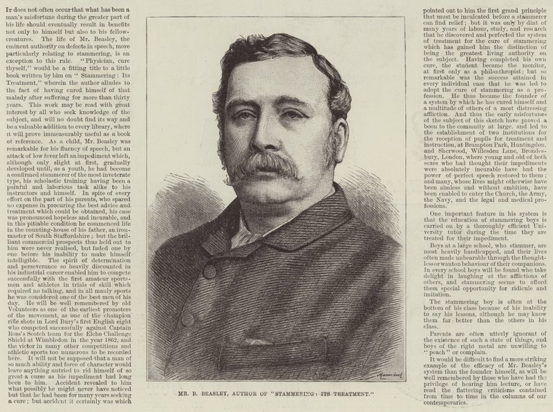 विज्ञापन, श्री बी ब्यासले, "हकलाना, इसका उपचार" के लेखक (उत्कीर्णन) द्वारा अंग्रेजी स्कूल