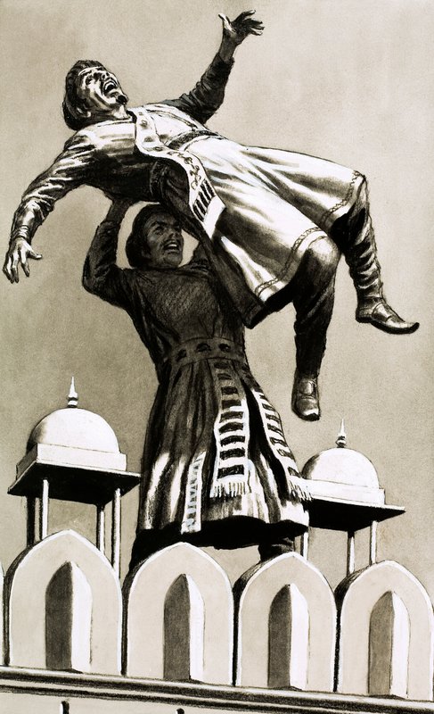 हिंदुस्तान के राजा अकबर ने हत्यारे अधम खान को महल के ऊपर से फेंक दिया (कागज पर गौचे) द्वारा अंग्रेजी स्कूल