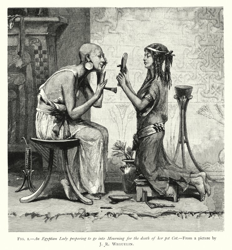 एक मिस्र की महिला अपनी पालतू बिल्ली की मौत के लिए शोक में जाने की तैयारी कर रही है (उत्कीर्णन) द्वारा अंग्रेजी स्कूल