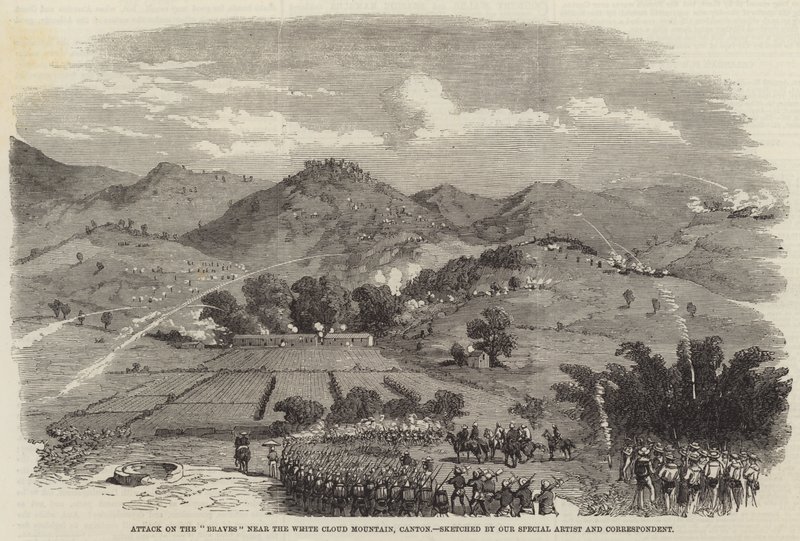 व्हाइट क्लाउड माउंटेन, कैंटन के पास "बहादुर" पर हमला (उत्कीर्णन) द्वारा अंग्रेजी स्कूल