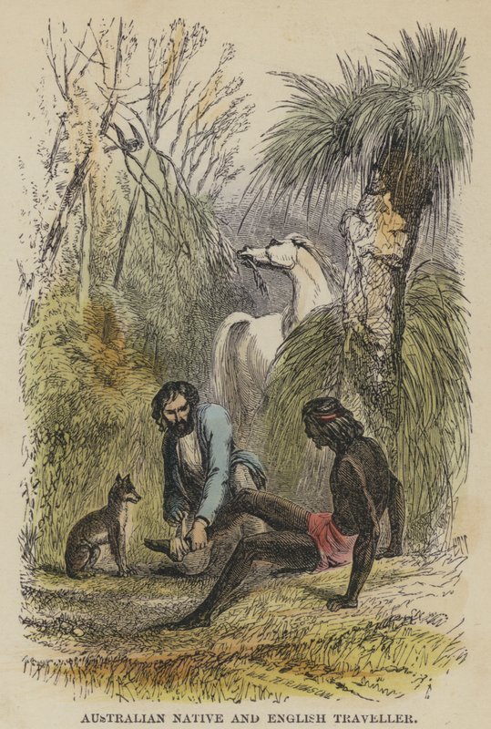 ऑस्ट्रेलियाई मूल निवासी और अंग्रेजी यात्री (रंगीन उत्कीर्णन) द्वारा अंग्रेजी स्कूल