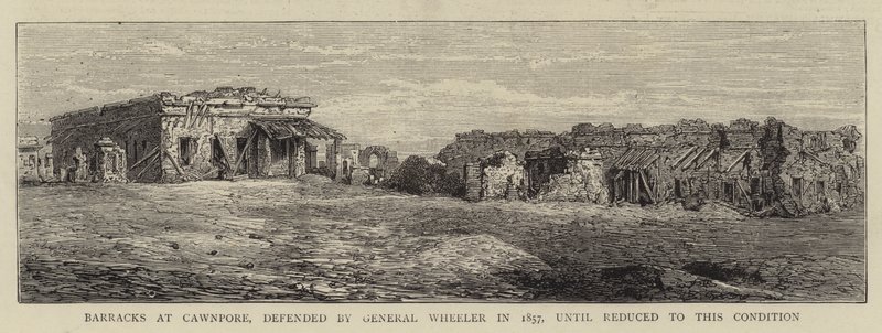 1857 में जनरल व्हीलर द्वारा बचाव किए गए कानपुर में बैरक, जब तक कि इस स्थिति तक कम नहीं हो गया (उत्कीर्णन) द्वारा अंग्रेजी स्कूल