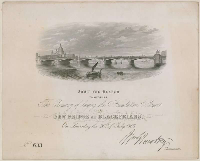 ब्लैकपर्स ब्रिज। आधारशिला रखने के लिए समारोह का निमंत्रण, 20 जुलाई 1865 द्वारा अंग्रेजी स्कूल