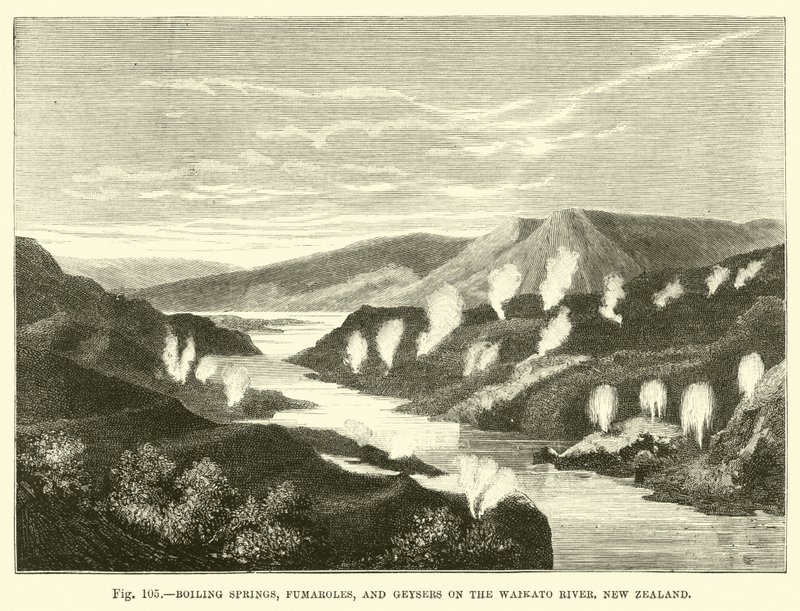 वाइकाटो नदी, न्यूजीलैंड पर उबलते स्प्रिंग्स, फ्यूमरोल्स और गीजर द्वारा अंग्रेजी स्कूल