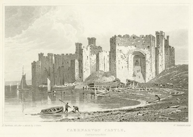 Caernarvon कैसल, Caernarvonshire (उत्कीर्णन) द्वारा अंग्रेजी स्कूल