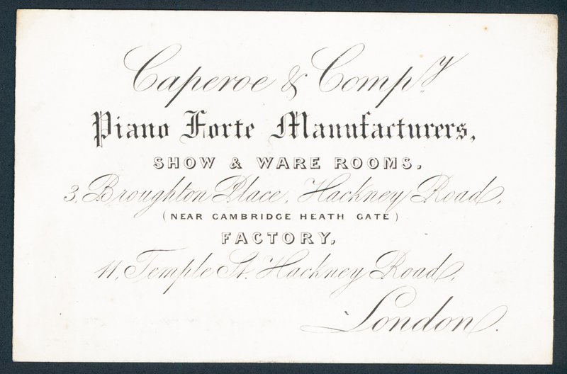 Caperoe & Company, पियानो फ़ोरम निर्माता, ट्रेड कार्ड द्वारा अंग्रेजी स्कूल