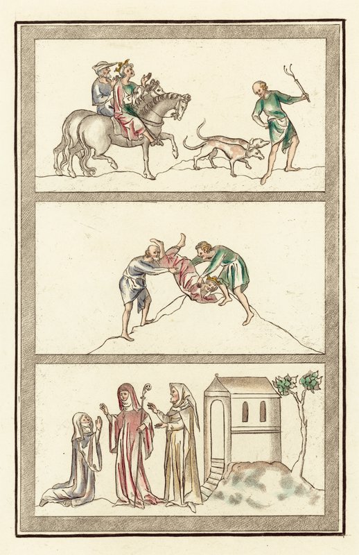 सेनेलम, मर्सिया के राजा, शिकार, राजा की हत्या, मठाधीश, नन और एंकराइट (रंगीन उत्कीर्णन) द्वारा अंग्रेजी स्कूल