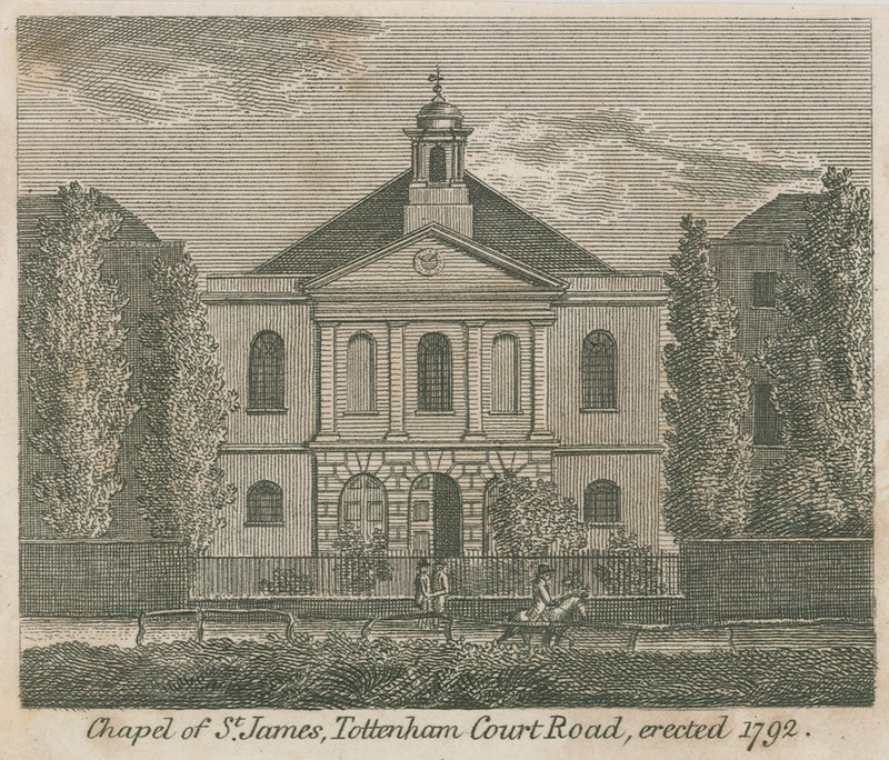 लंदन के टोटेनहम कोर्ट रोड, सेंट जेम्स के चैपल को 1792 में बनाया गया था द्वारा अंग्रेजी स्कूल