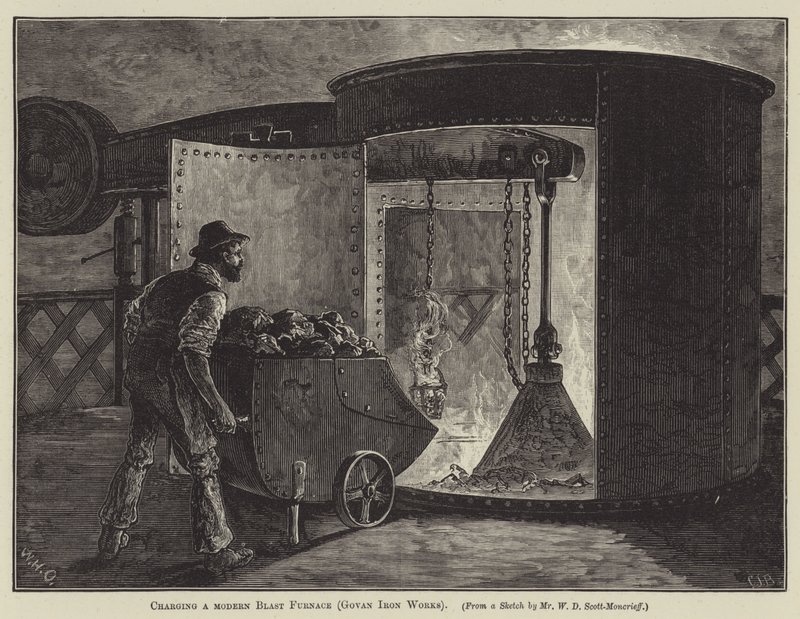 आधुनिक ब्लास्ट फर्नेस को चार्ज करना (गोवन आयरन वर्क्स) (उत्कीर्णन) द्वारा अंग्रेजी स्कूल