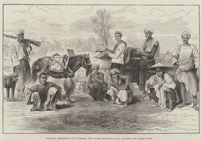 बर्मा में चीनी व्यापारी, जिन्हें गलती से डकैत समझा गया और उन पर गोली चलाई गई (उत्कीर्णन) द्वारा अंग्रेजी स्कूल