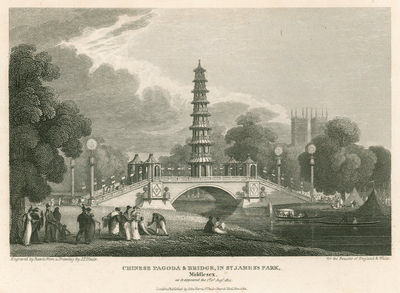 चीनी पगोडा और पुल, सेंट जेम्ज़ पार्क, लंदन, जैसा कि 1 अगस्त 1814 को दिखाई दिया था द्वारा अंग्रेजी स्कूल