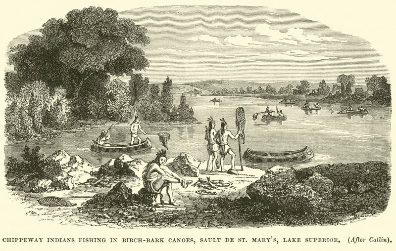 बिर्च-छाल Canoes, Sault de St Marys, लेक सुपीरियर में मछली पकड़ने वाले Chippeway भारतीय द्वारा अंग्रेजी स्कूल