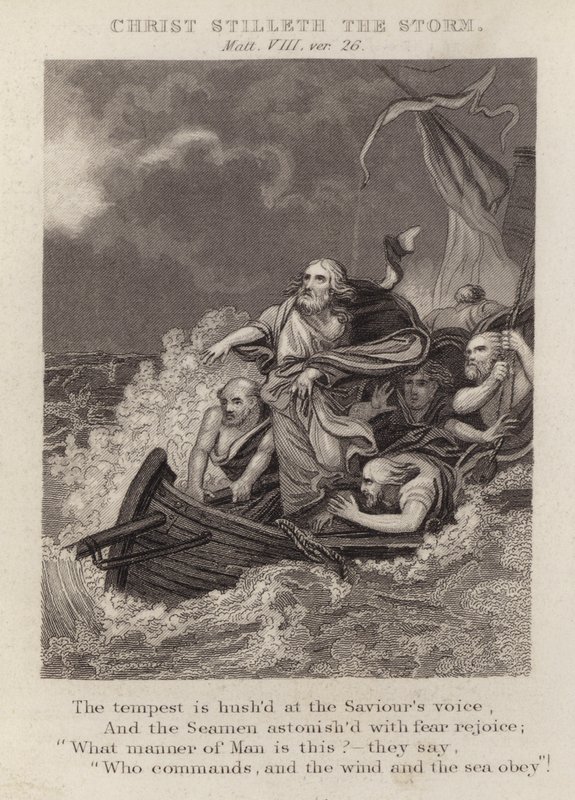 क्राइस्ट स्टिलथ द स्टॉर्म, मैथ्यू VIII, वर् 26 (उत्कीर्णन) द्वारा अंग्रेजी स्कूल