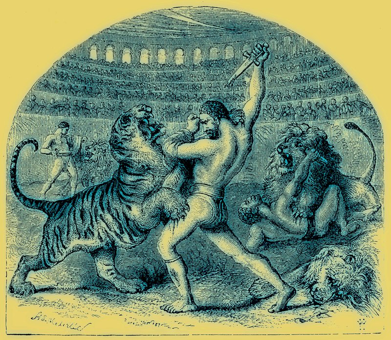 जंगली जानवरों के साथ ग्लेडियेटर्स का संयोजन, द इलस्ट्रेटेड हिस्ट्री ऑफ़ द वर्ल्ड से चित्रण, प्रकाशित c.1880 (अंक बढ़ाया छवि) द्वारा अंग्रेजी स्कूल