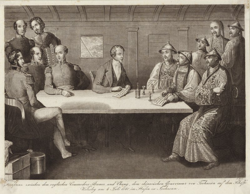 कमोडोर ब्रेमर और एचएमएस वेलेस्ले 4 जुलाई 1841 को एक चीनी अधिकारी के बीच चुसान में सम्मेलन द्वारा अंग्रेजी स्कूल