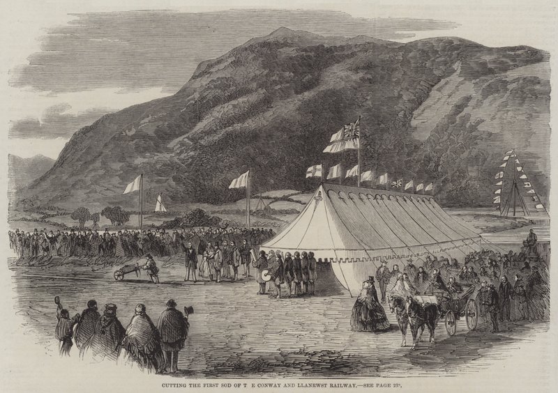 Conway और Llanrwst रेलवे का पहला सोड काटना (उत्कीर्णन) द्वारा अंग्रेजी स्कूल
