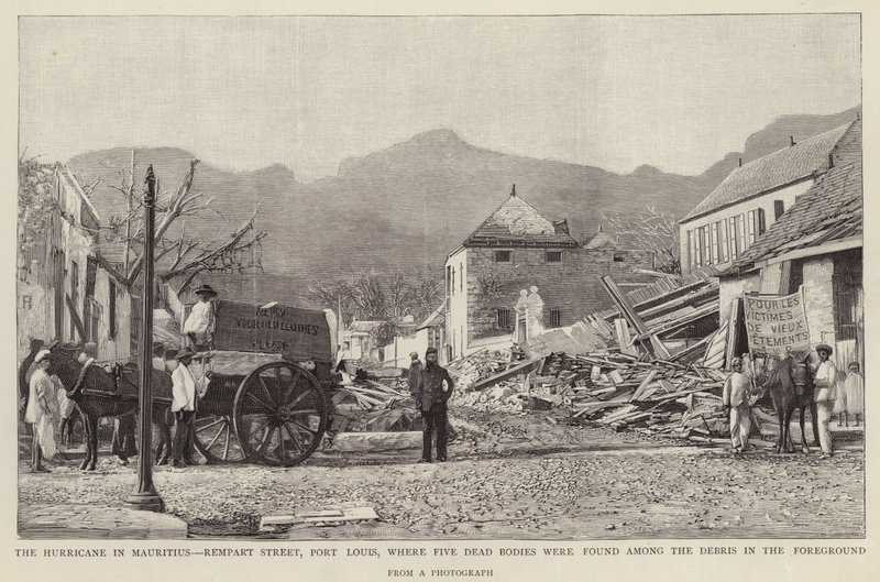 1892 मॉरीशस चक्रवात (लिथो) के कारण रेम्पर्ट स्ट्रीट, पोर्ट लुइस पर नुकसान द्वारा अंग्रेजी स्कूल