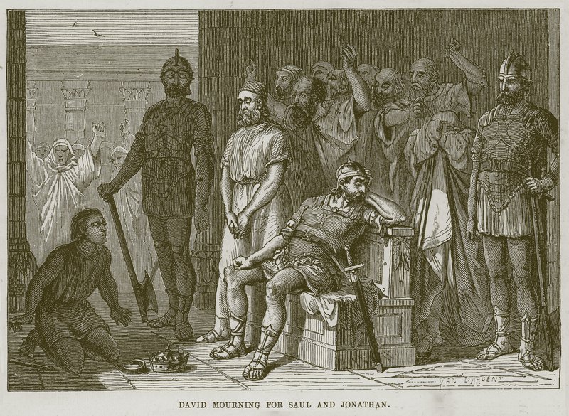 शाऊल और जोनाथन के लिए डेविड विलाप, द चिल्ड्स बाइबल से चित्रण, c.1880 द्वारा अंग्रेजी स्कूल
