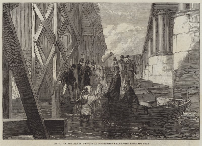 Blackfriars Bridge पर चोरी की घड़ियों के लिए गोताखोरी (उत्कीर्णन) द्वारा अंग्रेजी स्कूल