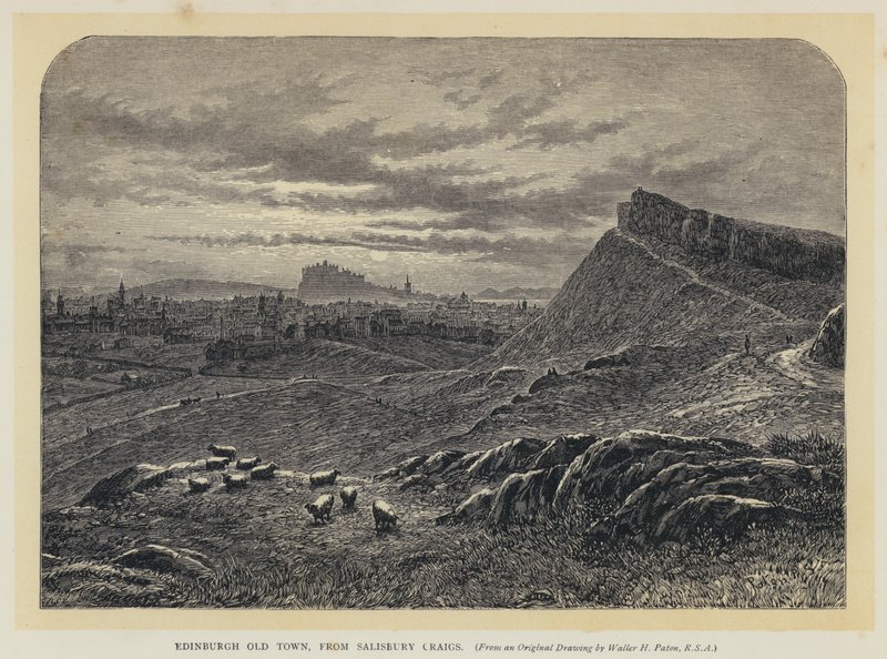 एडिनबर्ग ओल्ड टाउन, सैलिसबरी क्रेग (उत्कीर्णन) से द्वारा अंग्रेजी स्कूल
