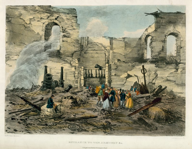 शस्त्रागार में प्रवेश, टॉवर ऑफ़ लंदन फायर, 1841 द्वारा अंग्रेजी स्कूल