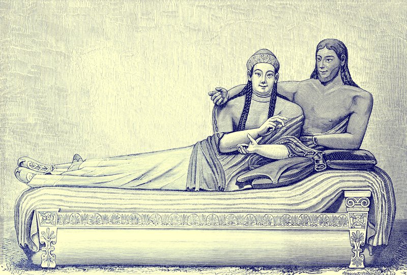 एट्रीस्कैन मकबरे, विक्टर ड्यूरी द्वारा रोम के इतिहास का चित्रण, 1884 (डिजिटल रूप से उन्नत छवि) प्रकाशित द्वारा अंग्रेजी स्कूल