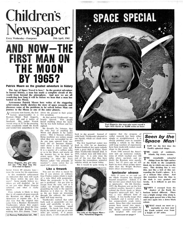1965 तक चंद्रमा पर पहला आदमी, &39;द चिल्ड्रेन न्यूजपेपर&39; का फ्रंट पेज, 1961 (न्यूज़प्रिंट) द्वारा अंग्रेजी स्कूल