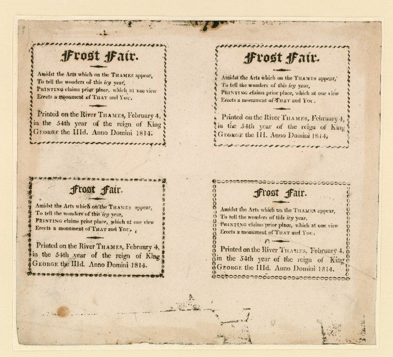 1814 का फ्रॉस्ट मेला। बर्फ पर मुद्रित स्मृति चिन्ह द्वारा अंग्रेजी स्कूल