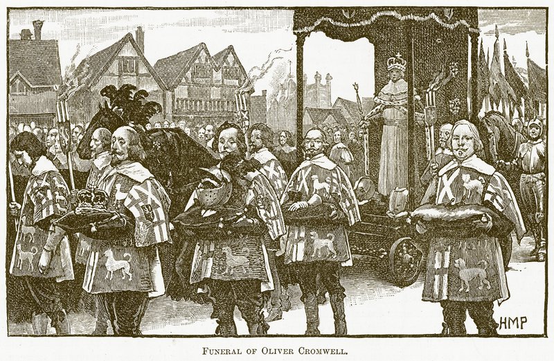 ओलिवर क्रॉमवेल का अंतिम संस्कार, द न्यू पॉपुलर एजुकेटर का चित्रण, c.1891 द्वारा अंग्रेजी स्कूल