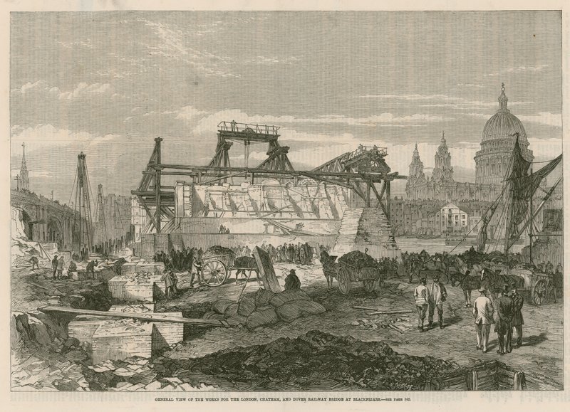 Blackfriars पर लंदन, चैथम और डोवर रेलवे पुल के कार्यों का सामान्य दृश्य द्वारा अंग्रेजी स्कूल