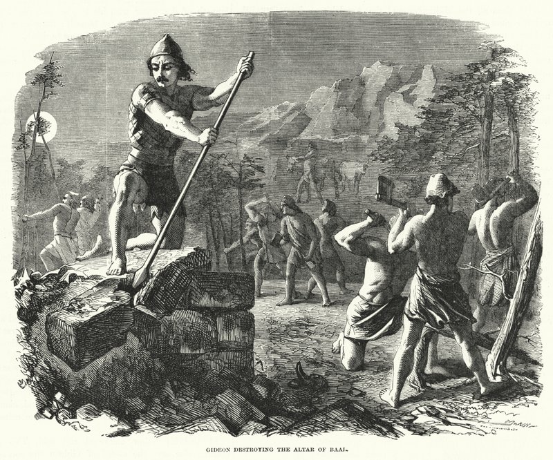 गिदोन बाल की वेदी को नष्ट कर रहा है (उत्कीर्णन) द्वारा अंग्रेजी स्कूल