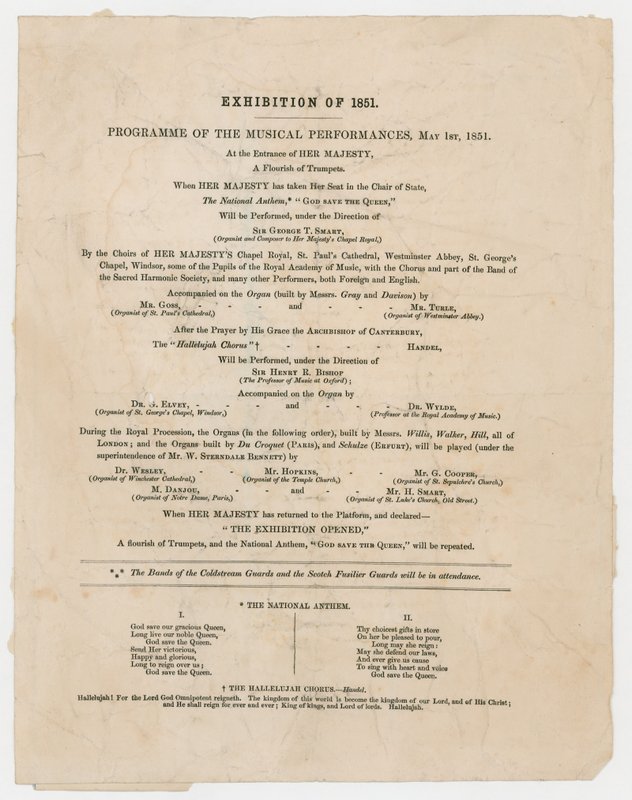 1851 की महान प्रदर्शनी। संगीत प्रदर्शन का कार्यक्रम, 1 मई 1851 द्वारा अंग्रेजी स्कूल