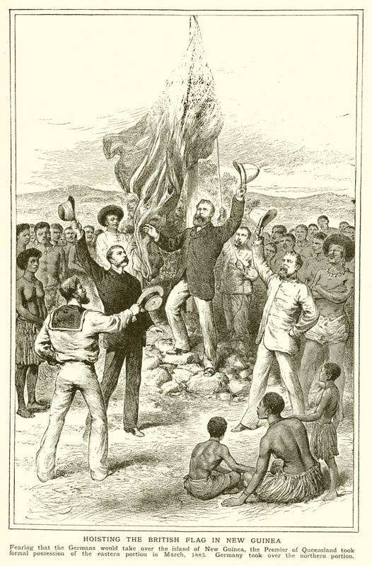 एचएम चेस्टर, मार्च 1883 में न्यू गिनी में ब्रिटिश ध्वज के उत्थापन पर क्वींसलैंड के मजिस्ट्रेट द्वारा अंग्रेजी स्कूल