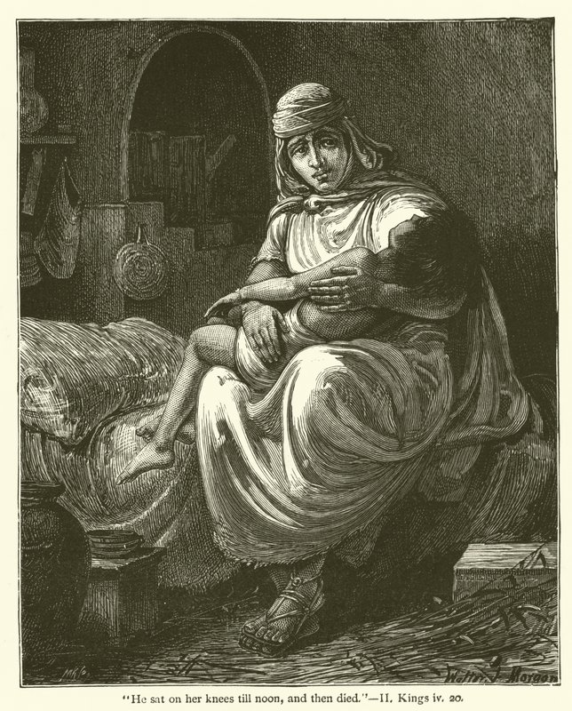 "वह दोपहर तक उसके घुटनों पर बैठा रहा, और फिर मर गया", II, किंग्स, iv, 20 (उत्कीर्णन) द्वारा अंग्रेजी स्कूल