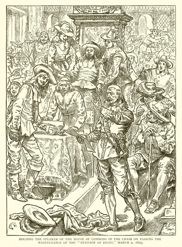 2 मार्च, 1629 को अधिकार की याचिका के रख-रखाव पर सदन में हाउस ऑफ कॉमन्स के अध्यक्ष की नियुक्ति द्वारा अंग्रेजी स्कूल