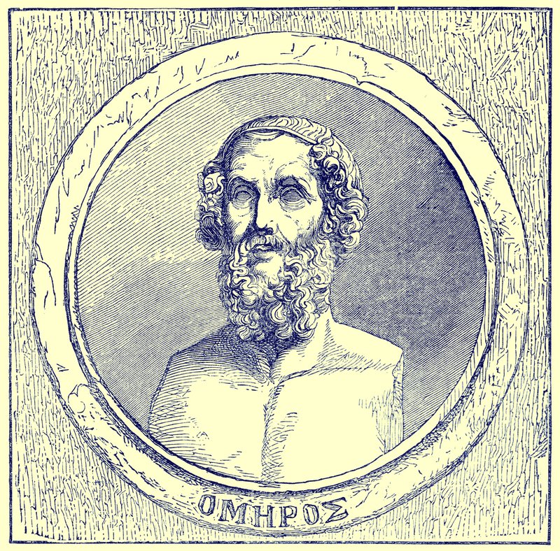 होमर, द इलस्ट्रेटेड हिस्ट्री ऑफ़ द वर्ल्ड का चित्रण, प्रकाशित c.1880 (डिजिटल रूप से बढ़ी हुई छवि) द्वारा अंग्रेजी स्कूल