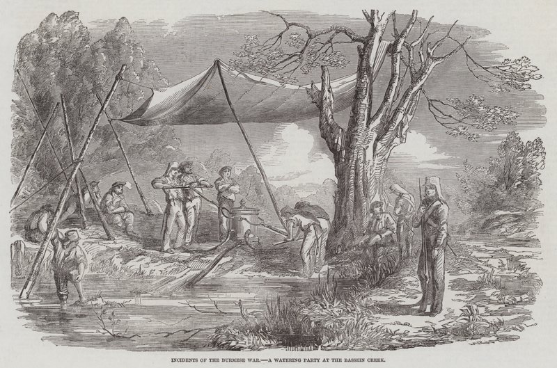 बर्मी युद्ध की घटनाएं, बेसिन क्रीक में एक वाटरिंग पार्टी (उत्कीर्णन) द्वारा अंग्रेजी स्कूल