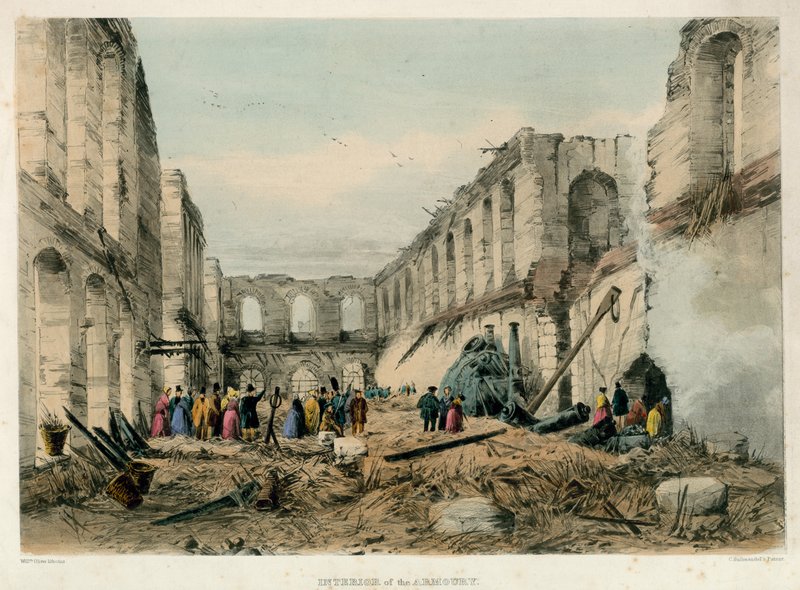इंटीरियर ऑफ़ आर्मरी, टॉवर ऑफ़ लंदन फायर, 1841 द्वारा अंग्रेजी स्कूल