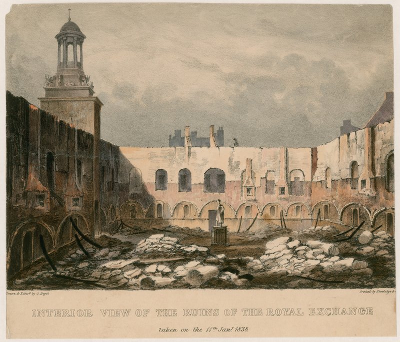 11 जनवरी, 1838 को रॉयल एक्सचेंज, लंदन के खंडहर का आंतरिक दृश्य द्वारा अंग्रेजी स्कूल