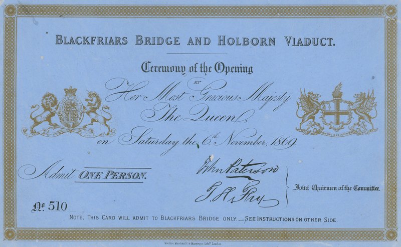 Blackfriars Bridge और Holborn Viaduct के उद्घाटन का निमंत्रण द्वारा अंग्रेजी स्कूल