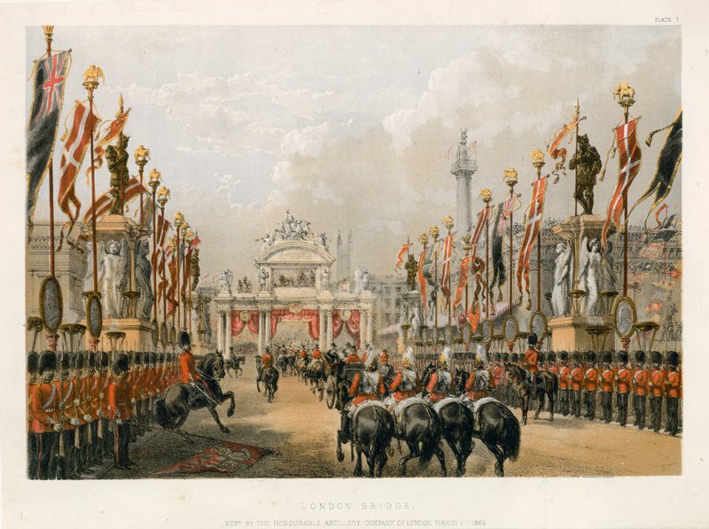 लंदन ब्रिज, माननीय आर्टिलरी कंपनी ऑफ़ लंदन द्वारा 7 मार्च 1863 को रखा गया द्वारा अंग्रेजी स्कूल