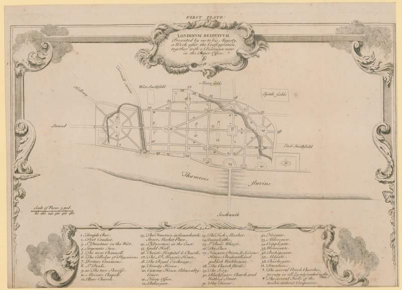 लंदन को बहाल किया, 1666 की आग के बाद सर जॉन ईवलीन्स ने लंदन शहर के पुनर्निर्माण की योजना बनाई द्वारा अंग्रेजी स्कूल