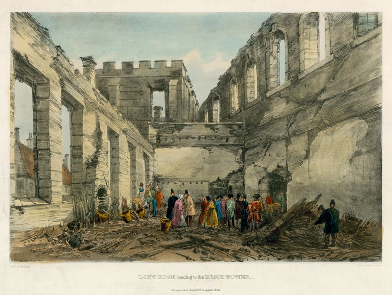 1841 में ब्रिक टॉवर, टॉवर ऑफ़ लंदन फायर की ओर जाने वाला लंबा कमरा द्वारा अंग्रेजी स्कूल