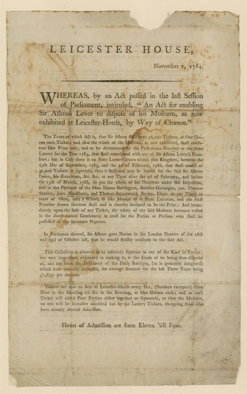 सर एश्टन लीवर्स संग्रहालय, 1784 के निपटान के लिए लॉटरी द्वारा अंग्रेजी स्कूल