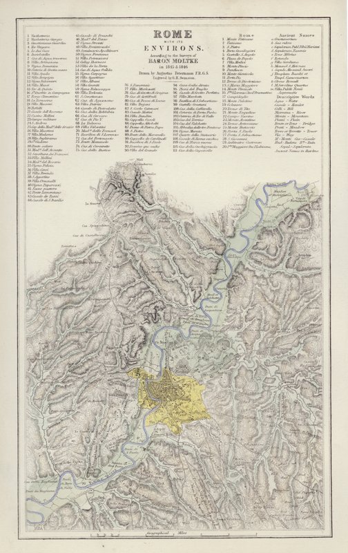 नक्शा: रोम, अपने परिवेश के साथ, बैरन मोल्टके के सर्वेक्षण के अनुसार, 1845 और 1846 में, ऑगस्टस पीटरमैन (रंग लिथो) द्वारा तैयार किया गया द्वारा अंग्रेजी स्कूल