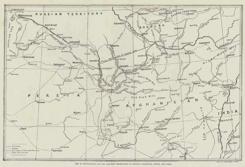 अफगानिस्तान का नक्शा और रूसी तुर्कस्तान, फारस और भारत के निकटवर्ती क्षेत्र द्वारा अंग्रेजी स्कूल