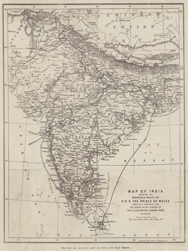 वेल्स के राजकुमार एचआरएच के प्रस्तावित मार्ग को दर्शाने वाला भारत का नक्शा (उत्कीर्णन) द्वारा अंग्रेजी स्कूल