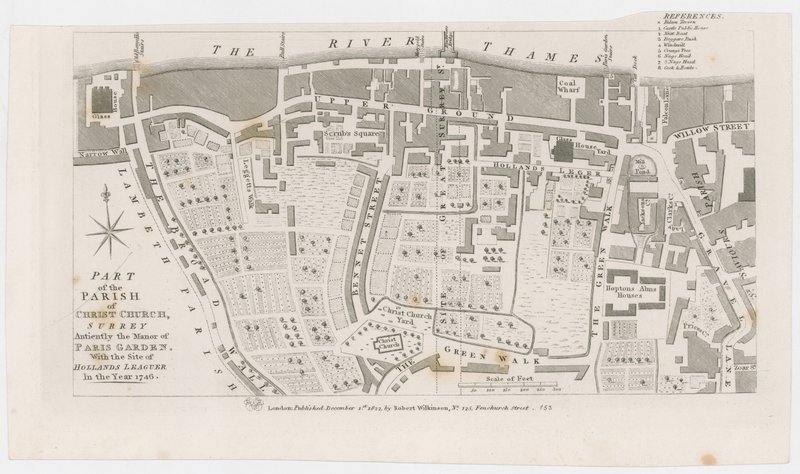 आर विल्किंसन, 1822 द्वारा पेरिस गार्डन की जागीर दिखाते हुए नक्शा द्वारा अंग्रेजी स्कूल