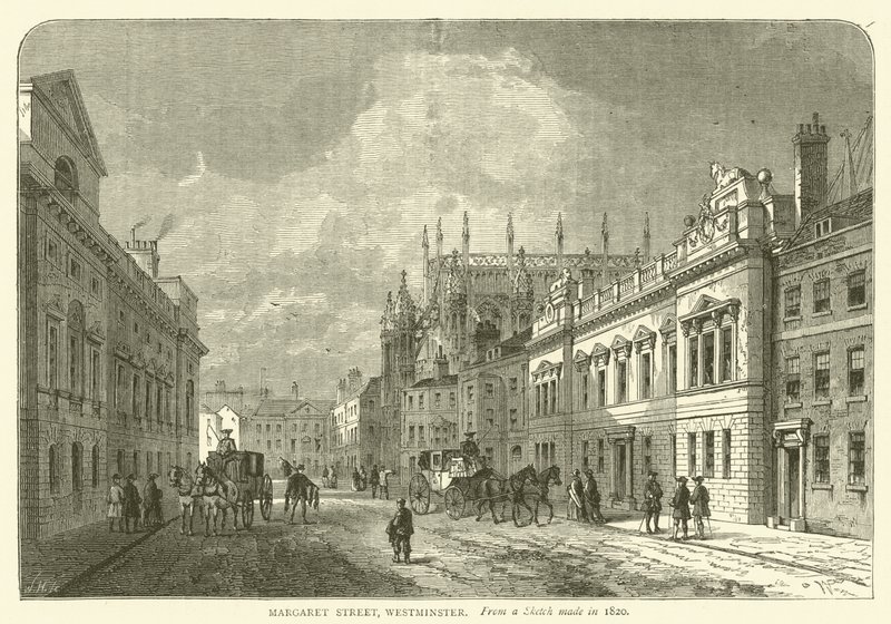 मार्गरेट स्ट्रीट, वेस्टमिंस्टर, 1820 में बने एक स्केच से (उत्कीर्णन) द्वारा अंग्रेजी स्कूल